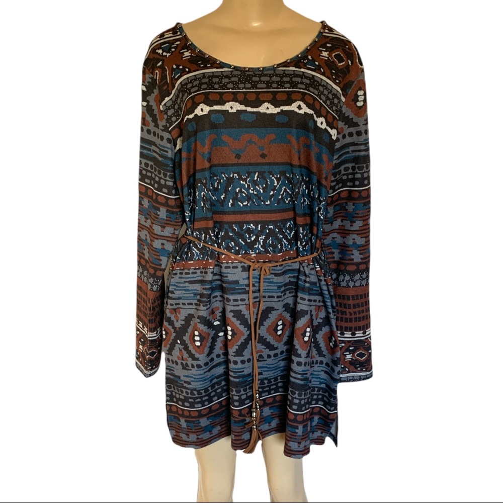 Aztec Arizona Bohemian Western Midi LS Tunic Dress XL